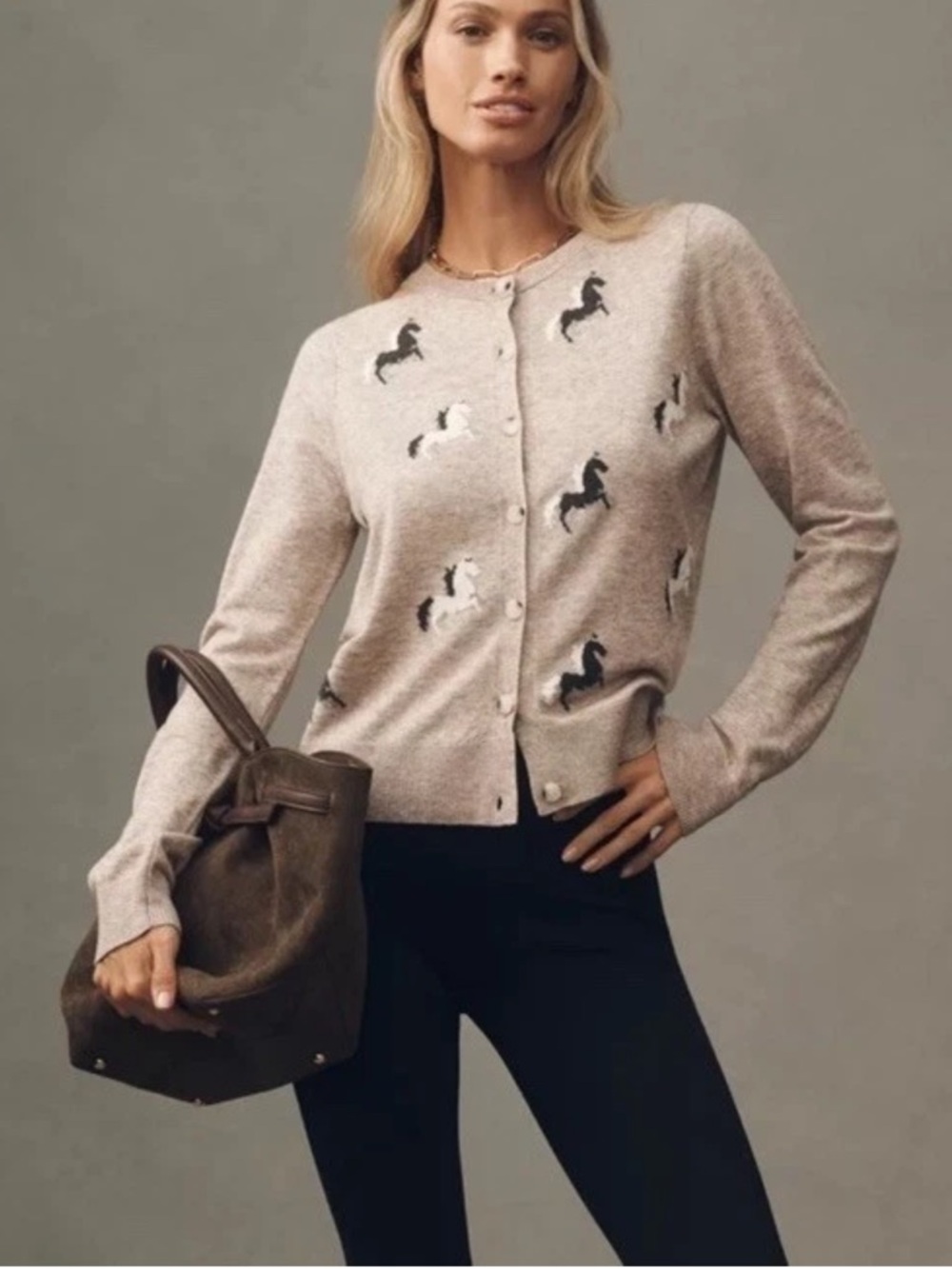 Anthropologie Maeve Taupe Horse-Print Button Cardigan sweater S